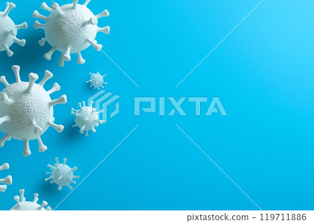 Illustration of virus particles floating in blue space highlighting microscopic life forms 119711886