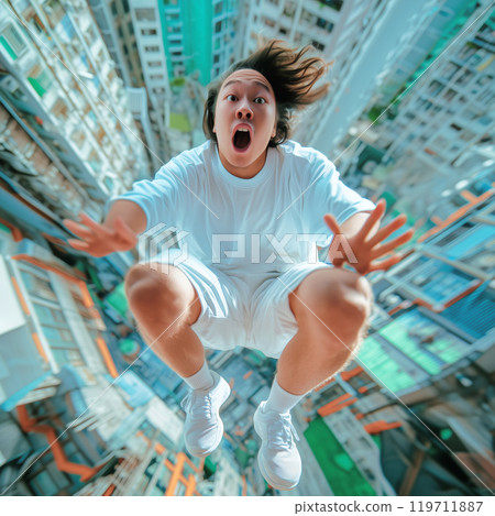 Fearful person falling through the air above a densely packed urban landscape 119711887