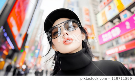 A fashionable young woman poses confidently in Times Square, New York City, during the daytime 119711899