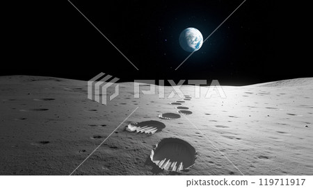 Footprints on the moon surface with Earth visible in the distance at night 119711917