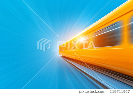 Bright yellow train speeding through a clear blue sky during the daytime Bright yellow train speeding through a clear blue sky during the daytime 119711967