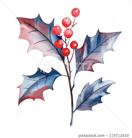 Beautiful abstract branch with berries and leaves. Decoration isolated watercolor botanical illustration, holly leaves Beautiful abstract branch with berries and leaves. Decoration isolated watercolor botanical illustration, holly leaves 119712010