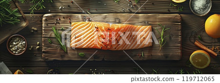 Fresh salmon fillet on wooden board with herbs and spices. Generate Ai 119712065