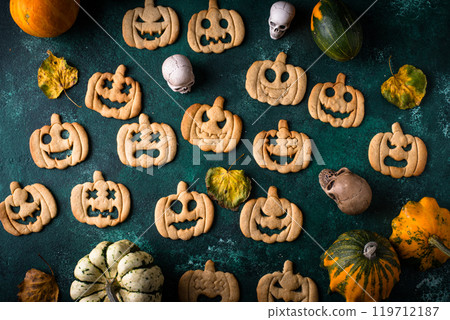 Halloween cookies in shape of jack-o-lantern Halloween cookies in shape of jack-o-lantern 119712187