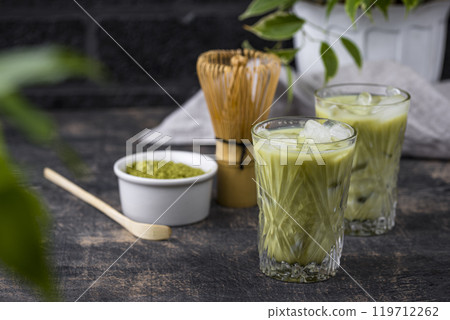 Cold matcha tea with milk and ice 119712262