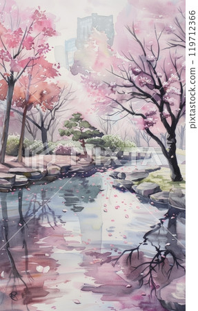 Serenity in sakura and river , Generae AI 119712366