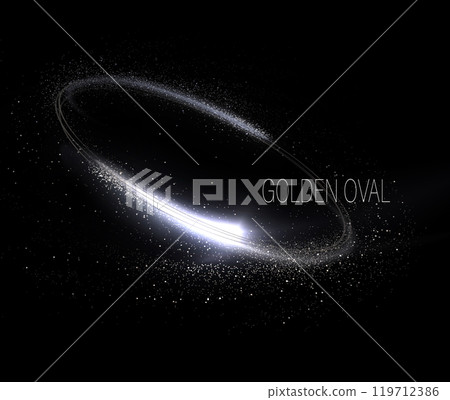 Isolated design element, golden oval with sparkling tinsel on black background 119712386
