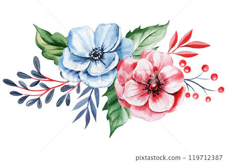 Delicate watercolor flowers, berries, greenery. Detailed botanical elements on isolated background. holiday illustration 119712387