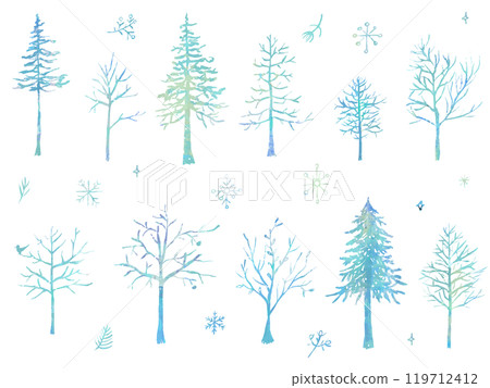 Beautiful collection of hand-drawn snowflakes and forest trees - vector illustrations on a white background 119712412