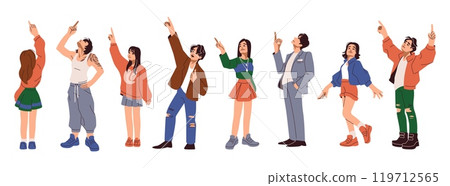 People looking up. Line person characters, finger and hand hope to aim. Future indicate sky vision. Surprised men and women showing with hands. Vector outline cartoon flat isolated set 119712565