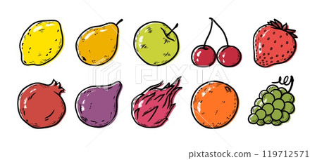 Fruit icons. Apple, citrus lemon and orange, strawberry and pear juice, grape and dragoon fruit, cherry and pomegranate, line doodle food logo. Organic outline creative vector isolated set 119712571