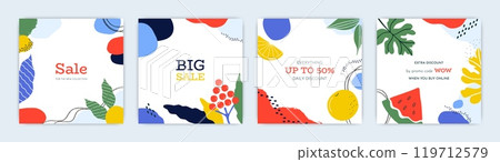Sale banner. Postcard and square poster design. Social media post design. Frame with copy space for text. Tropical leaves and fruits. Vector cartoon flat isolated modern illustrations 119712579