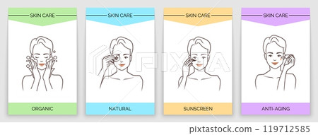 Skincare posters. Beauty routine. Cosmetic moisturizing cream. Facial skincare procedure. Outline girl head. Women apply serum. Cleanser and lotion. Vector dermatology salon banners set Skincare posters. Beauty routine. Cosmetic moisturizing cream. Facial skincare procedure. Outline girl head. Women apply serum. Cleanser and lotion. Vector dermatology salon banners set 119712585