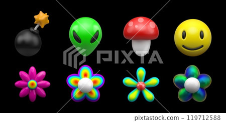 3D emoji. Y2K flower stickers. Alien face. Light bomb. Mushroom and blossom. Emoticon smile. Trippy doodle shapes. Vintage 90s. Render glossy smiley. Comic dynamite. Vector icons set 119712588