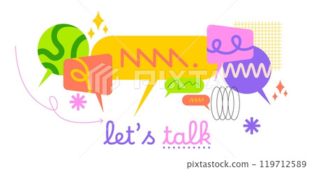 Dialogue bubble. Talk balloon. Speech or question abstract chat. People let idea or think. Geometric simple shape. Dialog speak message. Modern messenger. Vector communication concept Dialogue bubble. Talk balloon. Speech or question abstract chat. People let idea or think. Geometric simple shape. Dialog speak message. Modern messenger. Vector communication concept 119712589