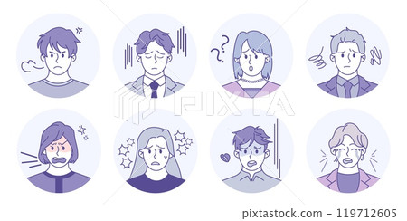 Worry icons. Sad person. Office trouble. Male or female think. Complaint business people. Businessman problems. Unhappy man and woman portraits. Confused collogue. Vector avatars set Worry icons. Sad person. Office trouble. Male or female think. Complaint business people. Businessman problems. Unhappy man and woman portraits. Confused collogue. Vector avatars set 119712605
