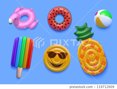 3D pool elements. Rubber swimming rings. Summer beach. Swim float tube. Inflatable ball and sea water fruit. Render toy flamingo top view. Holiday vacation. Vector inflated buoys set 119712609