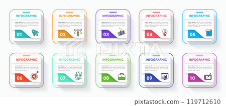 Infograph elements. Step chart. Info banner layout with graphic diagrams. Workflow strategy scheme. Information graph from analysis to goal. Business presentation timeline vector design 119712610