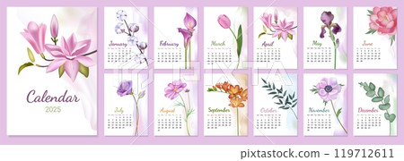 Flower calendar. Minimal floral design or abstract season art template. Nature planner. Blooming blossoms. Organizer sheets. Monthly diary planning. 2025 dates. Vector schedule pages set 119712611