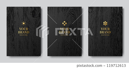 Wood pattern. Black wooden grain. Dark oak carpentry and old nature BG structure. Woodgrain label. Vintage pine table. Luxury gold brand. Hardwood timber. Vector design banners set 119712613