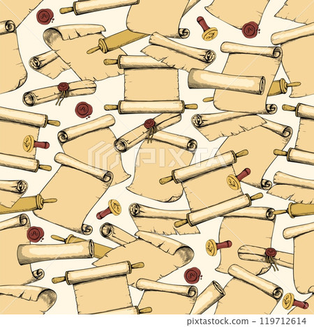 Old book. Paper scrolls seamless pattern. Parchment with wax seal. Repeated print. Medieval manuscript. Historical contract. Antique curled sheets. Scripture pages. Vector background 119712614