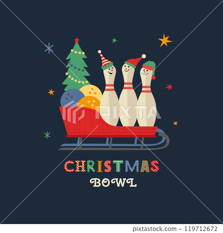 Christmas holiday bowling fancy vector icon. Bowling ball, funny pin, Elf hat minimal design element. Bowl club x-mas holidays invitation poster template. Christmas party event background illustration Christmas holiday bowling fancy vector icon. Bowling ball, funny pin, Elf hat minimal design element. Bowl club x-mas holidays invitation poster template. Christmas party event background illustration 119712672