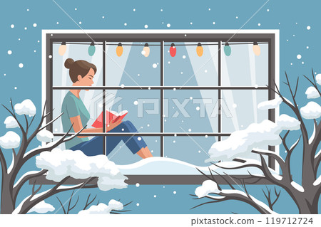 Woman reading book at the winter window. New Year and Christmas background. Cozy winter illustration for bookshop, library, bookstore. 119712724