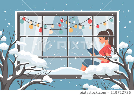 Woman reading book at the winter window. New Year and Christmas background. Cozy winter illustration for bookshop, library, bookstore. 119712726