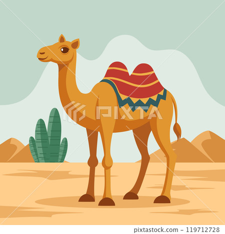 Cute two-humped camel in desert landscape. Flat style illustration. 119712728