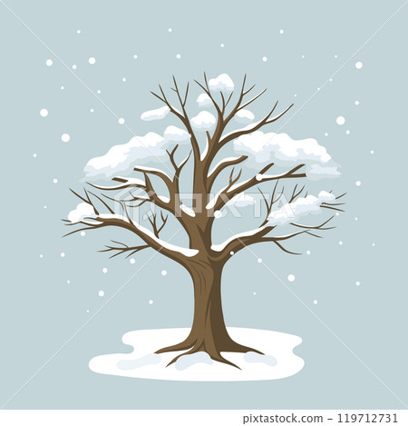 Winter tree covered with snow on a blue background. Illustration. 119712731