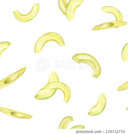 Flying fresh cut peeled avocado slices watercolor seamless pattern. Chopped vegetable pile painted in realistic style. Food organic elements for menu, recipe design, healthy salad decor. Flying fresh cut peeled avocado slices watercolor seamless pattern. Chopped vegetable pile painted in realistic style. Food organic elements for menu, recipe design, healthy salad decor. 119712733