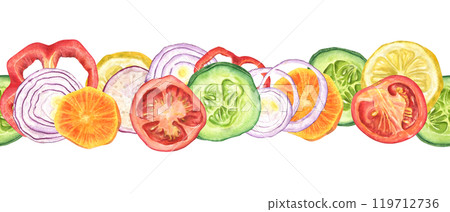 Garden sliced vegetables hand drawn watercolor seamless horizontal banner. Tomato, cucumber, onion, carrot, pepper, radish and lemon salad ingredients for kitchen textile, menu decor, package 119712736
