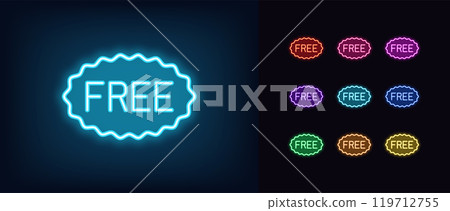 Outline neon Free tag, vector icon set. Glowing neon wavy promo tag with text Free, shopping advertisement. Free gift and bonus offer, gratis prize, offer without payment, zero cost and price. 119712755
