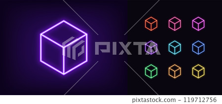 Outline neon cube icon set. Glowing neon isometric cube wireframe, cubic shape, geometric figure. Wireframe cuboid, square block model, cubic structure and form, abstract hexahedron. Vector icons Outline neon cube icon set. Glowing neon isometric cube wireframe, cubic shape, geometric figure. Wireframe cuboid, square block model, cubic structure and form, abstract hexahedron. Vector icons 119712756