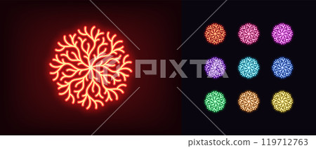 Outline neon coral reef icon set. Glowing neon coral tree icon, geometric pattern of nautical plant. Round coral pattern, coastal coralline seaweed, marine plant branch, submarine nature. Vector icons Outline neon coral reef icon set. Glowing neon coral tree icon, geometric pattern of nautical plant. Round coral pattern, coastal coralline seaweed, marine plant branch, submarine nature. Vector icons 119712763