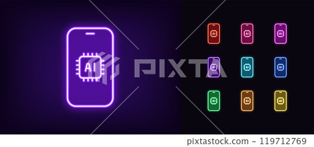 Outline neon AI phone icon set. Glowing neon smartphone with inbuilt AI features, integrated assistant with artificial intelligence. Mobile chip with AI algorithms, smart control core. Vector icons 119712769
