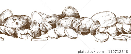 Potatoes whole, half, cut, peeled and wedges seamless border. Graphic illustration hand drawn in brown ink. EPS vector on the theme of harvest cooking, food, packaging, vegetable shop design 119712848