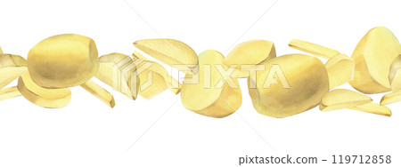 White potatoes, peeled, whole, half, cut into slices and sticks for French fries. Hand drawn watercolor illustration on the theme of cooking, food. Seamless border pattern 119712858