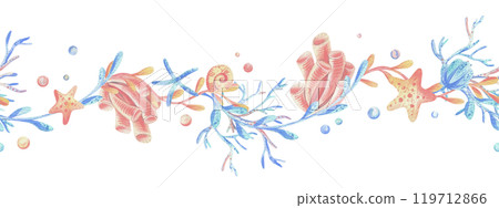Sea corals, algae, shells, starfish, bubbles. Watercolor illustration hand drawn in coral, turquoise and blue colors. Seamless board isolated from background 119712866