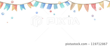 Festive flags and garlands for decoration. Watercolor illustration, hand drawn in pastel colors: pink, peach, coral, turquoise, blue. Seamless borders isolated from background 119712867