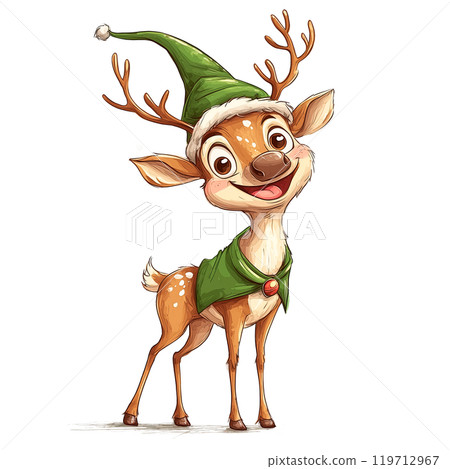 Reindeer in a festive green hat and scarf on a transparent background. Christmas character, holiday design, winter fashion, joyful vibes, seasonal fun, reindeer illustration, holiday outfit. 119712967