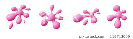 Fluid pink splatter shapes in abstract 3D vector set. Dynamic droplet formations with organic, blob like appearances for playful kid compositions. Flowing liquid irregular dynamic organic forms. 119713009