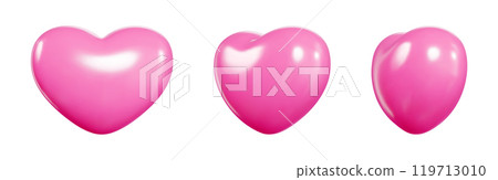 Pink 3D balloon hearts float in space. Love symbols display glossy surface with light reflections. Vector elements showcase smooth rounded shape. Perfect decorative icons enhance romantic designs. 119713010