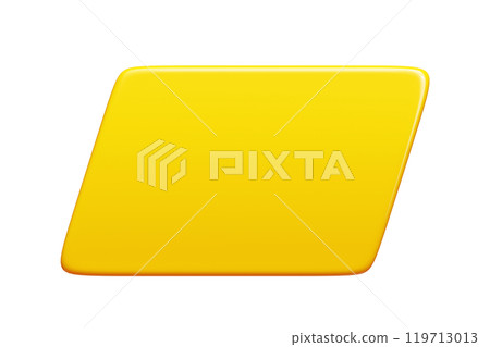 Yellow glossy rectangular text banner. 3d render illustration of bright rectangle message box. Balloon notification frame and comment badge. Simple geometric shape quote border and textbox. 119713013