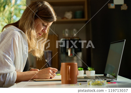 Illustrator drawing sketches in notebook at home office desk Illustrator drawing sketches in notebook at home office desk 119713037