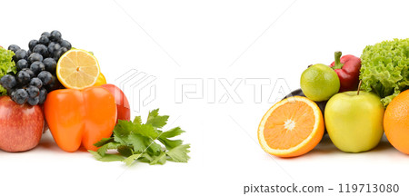 Set of vegetables and fruits isolated on a white. Free space for text. Collage. Wide photo. Set of vegetables and fruits isolated on a white. Free space for text. Collage. Wide photo. 119713080