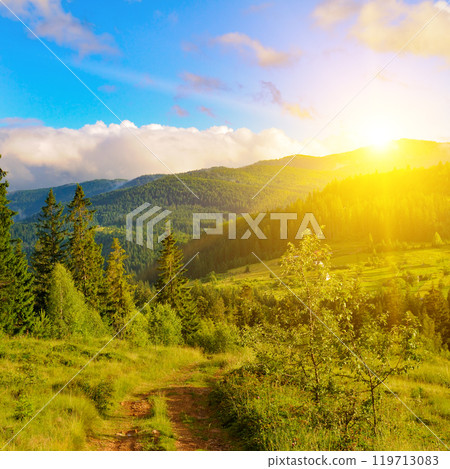 Picturesque mountain landscape with mountain ranges, coniferous forests and bright sunrise. Picturesque mountain landscape with mountain ranges, coniferous forests and bright sunrise. 119713083