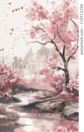 Serenity in sakura and river , Generae AI 119713289
