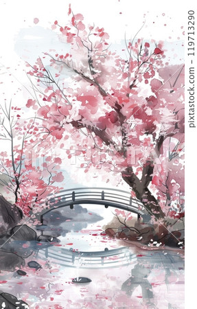 Serenity in sakura and river , Generae AI 119713290