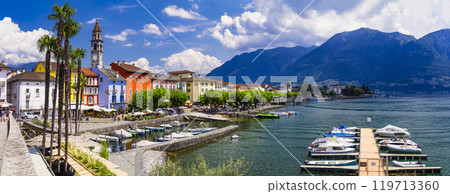 Switzerland travel and landmarks - colorful charming town Ascona, lake Lago Maggiore near Locarno , canton Ticino . panoramic view of old town Switzerland travel and landmarks - colorful charming town Ascona, lake Lago Maggiore near Locarno , canton Ticino . panoramic view of old town 119713360